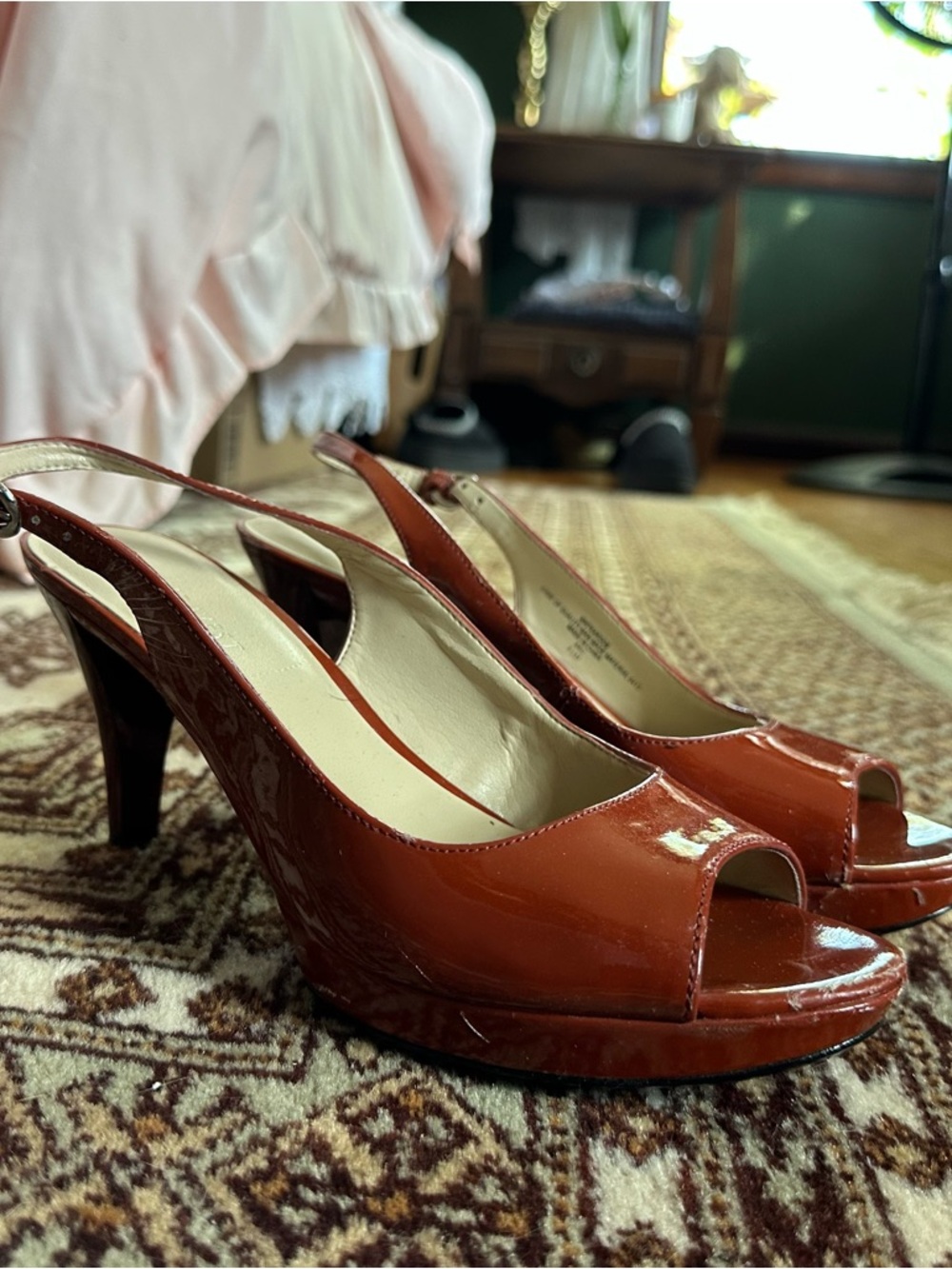 Patent Peep-Toe Slingback Heels in Rust Orange